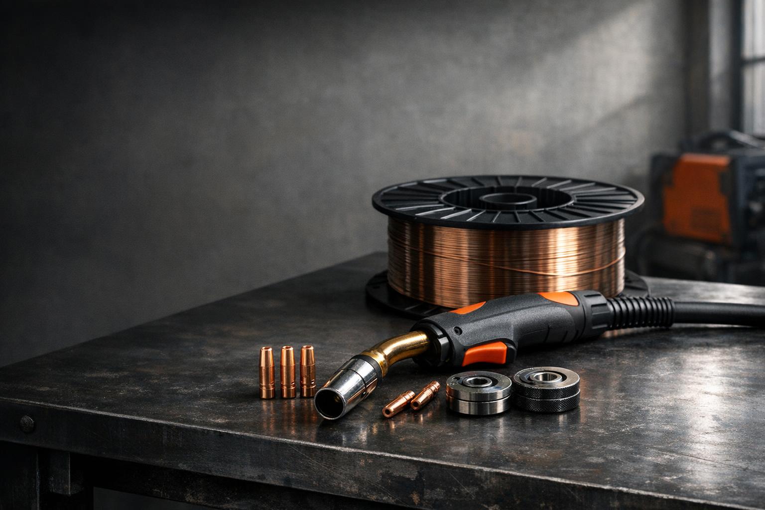 Welding wire spool, torch and small parts on a metal workbench.