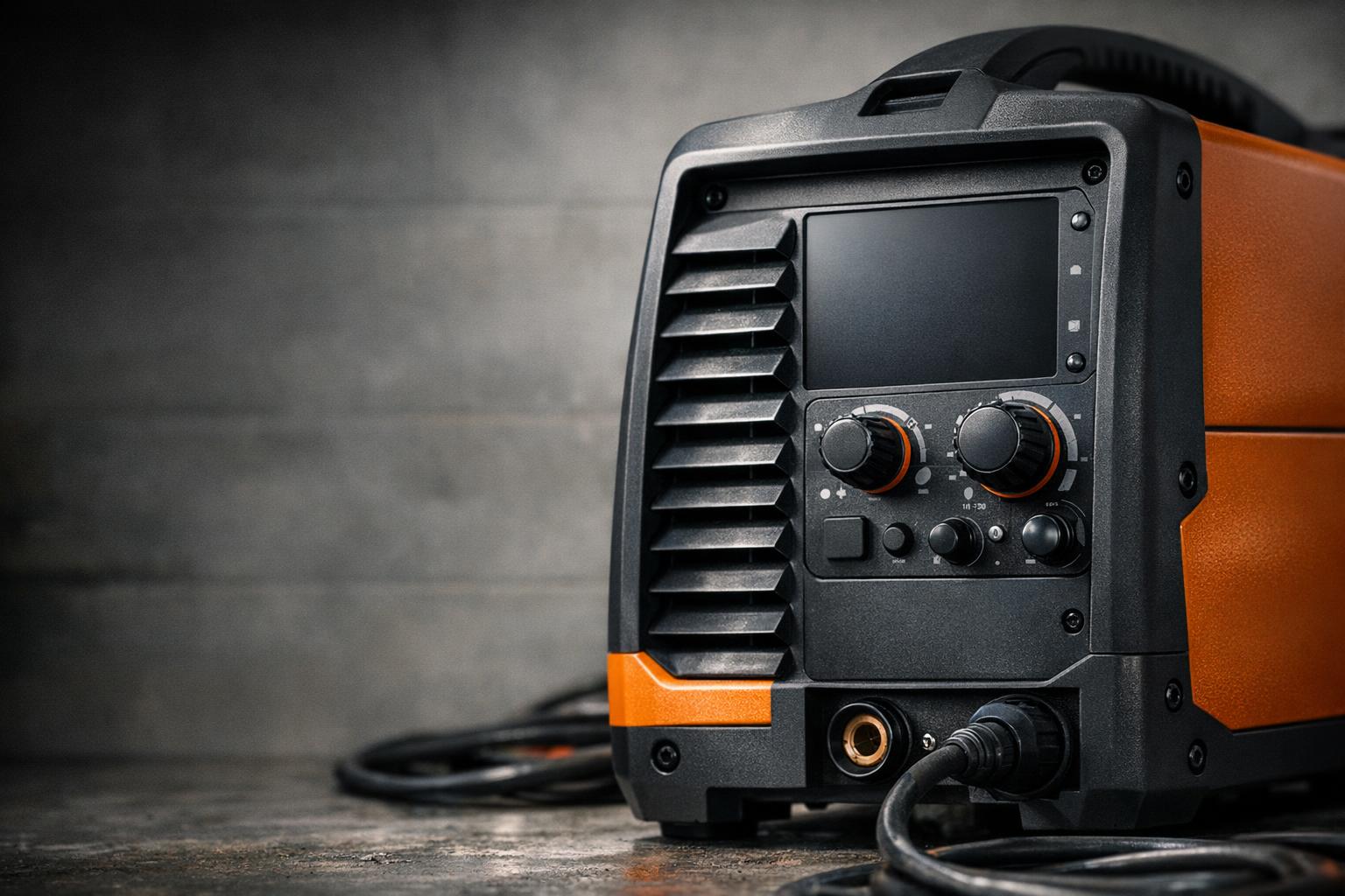Front controls and cable connections of an orange and black welder.