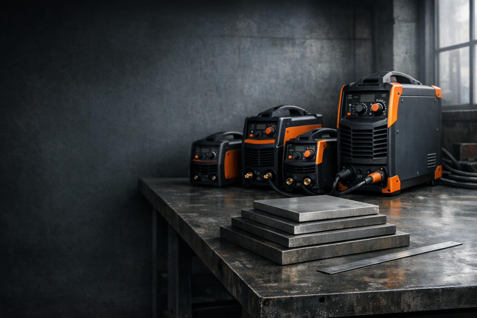 Welding machines and stacked metal plates on a workshop bench.